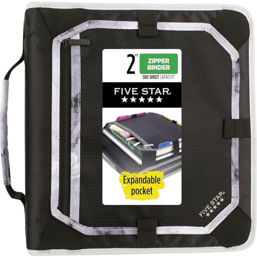 Five Star Zipper Binder 2 Inch 3-Ring with Expansion Panel & 5-Tab File - Pack of 1, Black