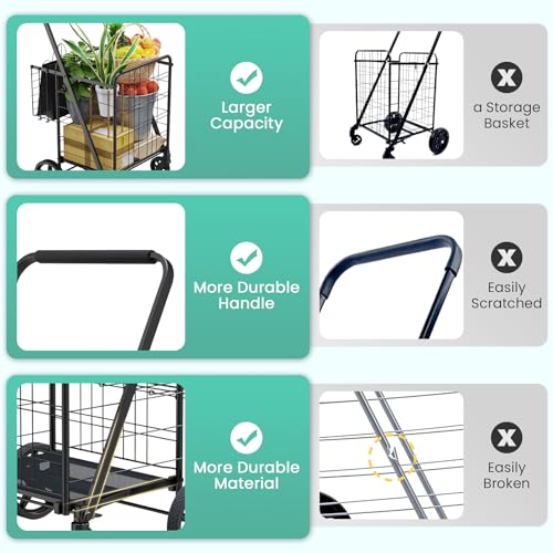 Shopping Carts for Groceries, Encrypted Bottom Grocery Cart with Waterproof Liner, Lightweight Folding Utility Cart with Rolling Swivel Wheels & Double Basket, Ideal Gift for Elderly, Women, Parents