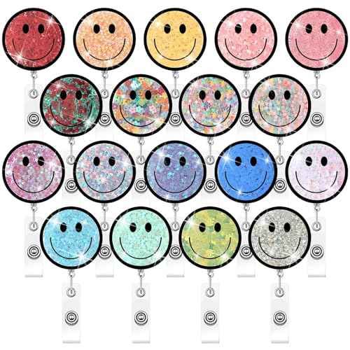 18 Pcs Badge Reel Retractable Smile Face Glitter Badge Holder Name Tag Holders ID Clip with Alligator Clip for Office Nurses Doctors