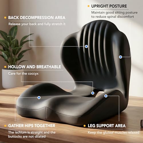 CHANCEE Black Ergonomic L-Shaped Seat Cushion with Lumbar Support for Office Chairs