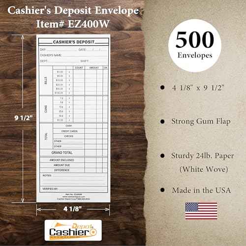 500 Cashier Depot - Cashier's Report Envelopes EZ400W, 4 1/8 x 9 1/2 Inch, White 24lb Paper, Gum Flap Closure, Cash Drop for Business Deposits, 500 Count