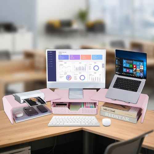 Dual Monitor Stand Riser with Drawer, Desk Organizer and Accessories, Pink Monitor Stand for Desk, Desktop Stand for Computer, Laptop, TV and More (Pink)