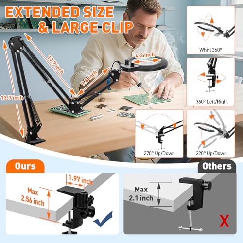 KIRKAS 12X Magnifying Glass with Light & 35 Inch Clamp Stand, Extra-Long Arm
