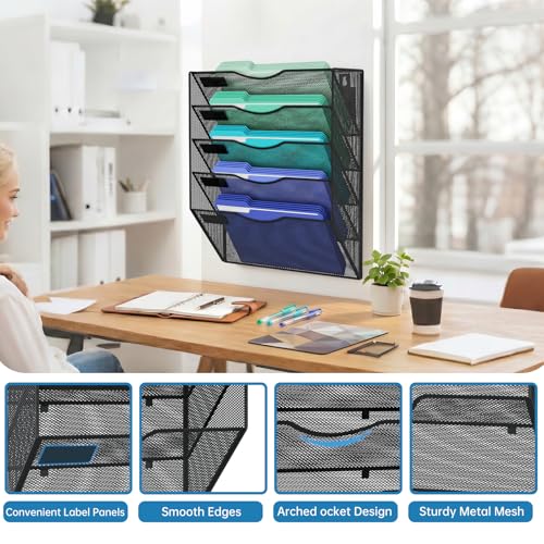 KZWKRG Black 5-Tier Magnetic Wall File Holder - No Drilling Office Organizer