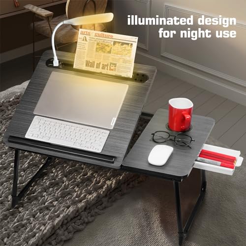 CloudTrip Plus XL Adjustable Laptop Desk with Light, USB Port, iPad Holder, Drawer - Black