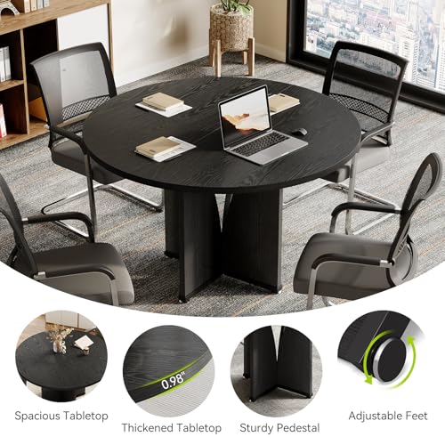 LITTLE TREE 39-Inch Small Conference Table for 4, Round Meeting Table with X-Shape Pedestal, for Office, Conference Room, Small Spaces, Black