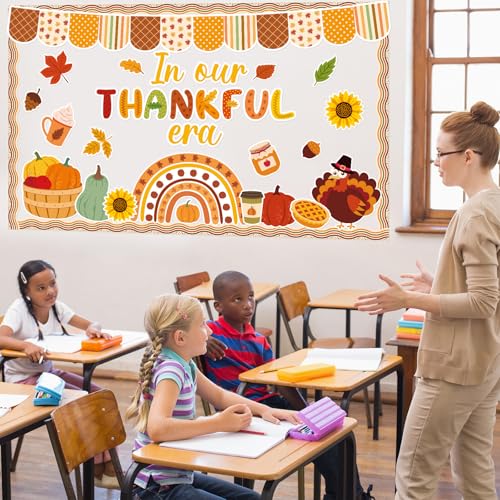 Thanksgiving Turkey Bulletin Board Decorations Pumpkin Maple Leaves Paper Cutouts in Our Thankful Era Bulletin Board Set Fall Party Supplies for Autumn School Chalkboard Wall Window Decoration Favor