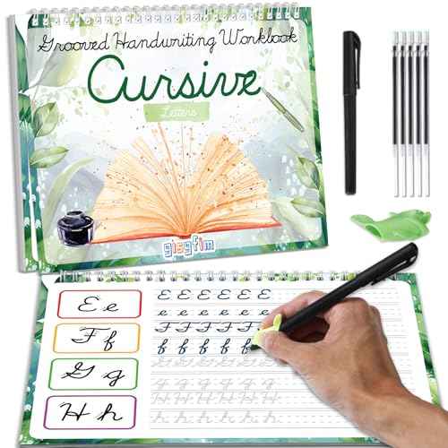 gisgfim Grooved Cursive Handwriting Workbook Magic Reusable Grooved Cursive Handwriting Practice Guided Tracing with Disappearing Ink Pens for Beginners Kids Learning Activities Supplies (Letters)