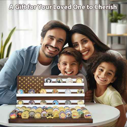 11 Rows American Flag Challenge Coin Display Holder Stand - Wooden Military Coin Holder for Desk - Holds 80-90 Coins - Ideal for Veterans, Collectors, and Patriots, Walnut