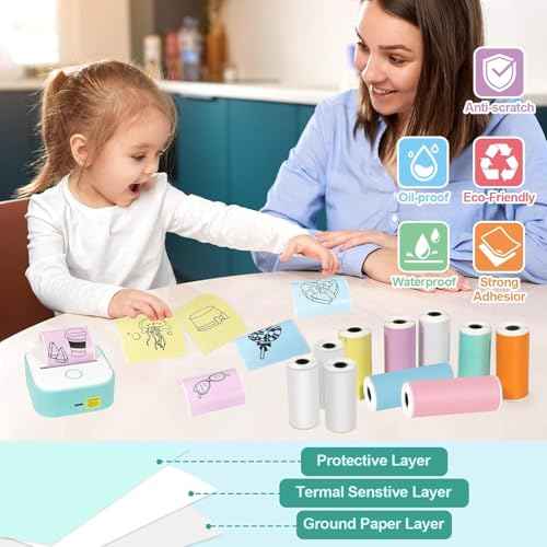 15 Rolls Mini Printer Sticker Thermal Paper,Self-Adhesive Multicolor Paper 53 * 28mm Printer Paper Compatible with T02/M02 Mini Thermal Printer Study Notes, Journal Photos