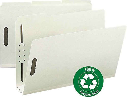 Smead 100% Recycled Pressboard Fastener File Folder, 2 Fasteners, 1/3-Cut Tab, 3" Expansion, Legal Size, Gray/Green, 25 per Box (20005)