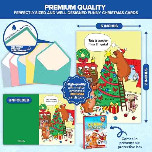 Decorably 20 Pack 5x7in Funny Christmas Cards with Envelopes and Stickers, 10 Charming Designs Christmas Cards Funny with Printed Message Inside