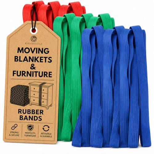 Kitchentoolz 12-Pack Moving Rubber Bands in 30/36/42in | Color-Coded Furniture & Blanket Straps