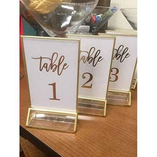 NIUBEE 12Pack 5 x 7 Clear Acrylic Wedding Table Number Holder Stands with Gold Borders, Double Sided Gold Picture Frames Sign Holder for Restaurant Table Menu Recipe Cards Photo Display