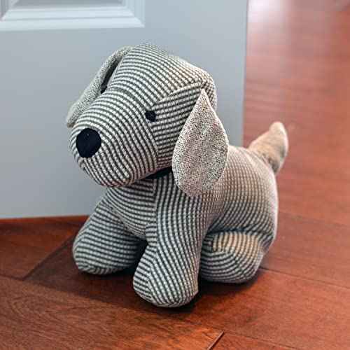 Weighted Puppy Dog Door Stopper, Floppy Ears, Grey, White, Black, Chenille and Tweed Fabric, Polyester Exterior, Polyester and Sand Filling, 9 Inches Tall, 2.2