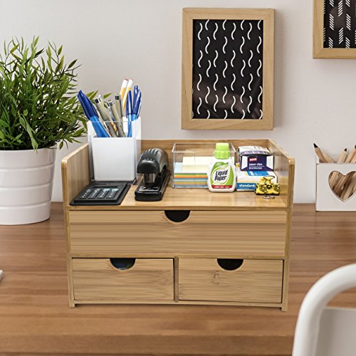 Sorbus Bamboo Desk Organizer - 3-Tier 100% Bamboo Desktop Organizers ? Mini Bamboo Desk Drawer Tabletop Storage Box Countertop Organization 3 Drawers & Shelf - Office, Makeup Vanity, Fully Assembled