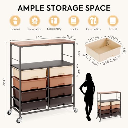 APEXCHASER Rolling Storage Cart with 8 Drawers, Brown Wooden Top