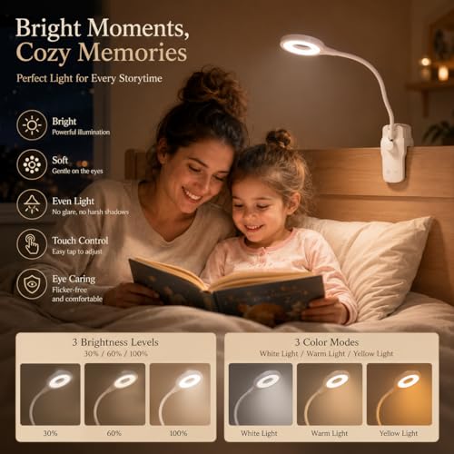Rechargeable Clip-On Reading Light with 3 Color Modes & Adjustable Neck