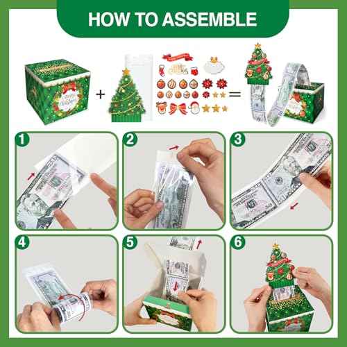 YAOLIGIFT Christmas Money Box for Cash Gift Pull, Surprise Explosion Gift with 60Pcs Transparent Bags for Christmas, DIY Holiday Cash Box for Money Holder for Women Men Girls Boys Mom Dad (Green)