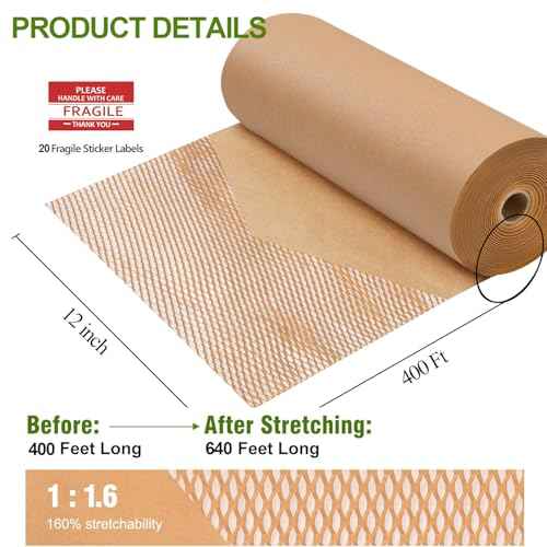 Honeycomb Packing Paper, 12" x 400' Honeycomb Cushioning Wrap Roll for Moving Shipping Packaging Gifts, Recyclable Honeycomb Paper Bubble Paper Wrapping with 20 Fragile Sticker Labels