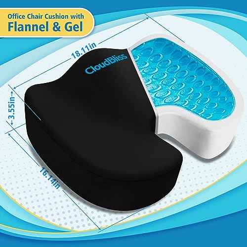 CloudBliss Gel Seat Cushion - Cooling Gel Enhanced, Memory Foam, Ergonomic Seat Cushion for Long Sitting for Office, Game, Car, Airplane (X-Large, Black)
