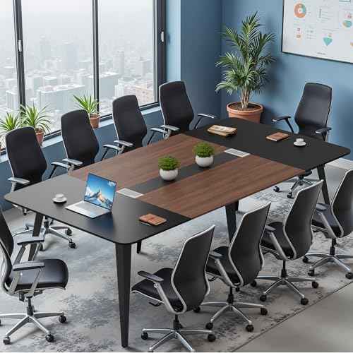 Furmax 8FT Conference Table, 94.48¡± Meeting Seminar Table with Cable Grommets, Boardroom Table Workstation for Meeting Room, Office Conference (Black & Walnut)