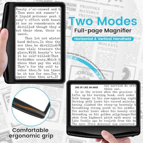 Rechargeable 5X Magnifying Glass for Reading, Large Bright Full Page Magnifier with Light, Handheld LED Dimmable Lighted, Lightweight Book Magnifier for Reading Small Prints Seniors Low Vision