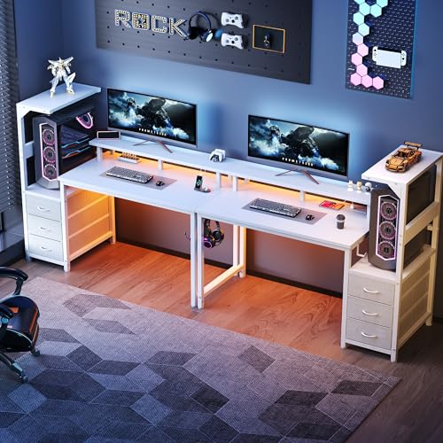 White 52-Inch Reversible Gaming Computer Desk with Drawers & Power Outlet