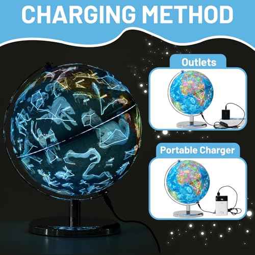 9" Illuminated Globes, 88 Constellations Map & Built-in LED Light & Learning 3-in-1, USB Charging, None-Slip Stainless Steel Stand for Classroom Education & Bedroom Decor, Inspire Geography Interest