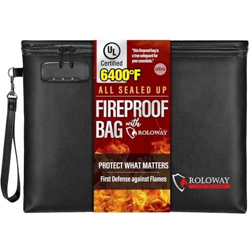 ROLOWAY Fireproof Document Bag (14.5 x 11.5 inch), 6400¢µ Fireproof Money Bag with Zipper for Cash, Fire Safe Money Pouch with Lock (Black)