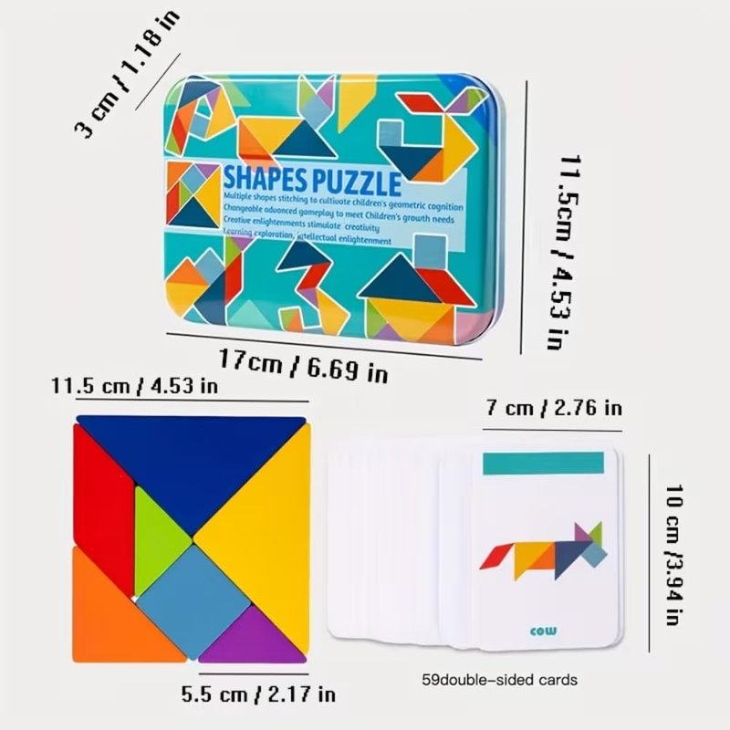 Tangram Puzzle Educational Geometry Game with Tin Storage Box and Pattern Cards for Classroom Learning, Travel, Festivals, Colorful