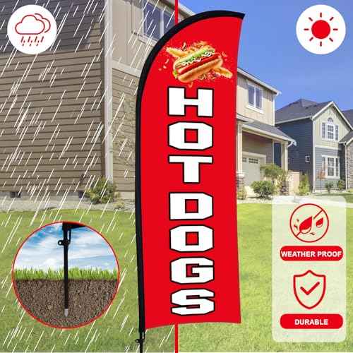 Buryeah 2 Sets Hot Dogs Feather Flag Kit 7 x 5.4 ft Hot Dogs Swooper Flag Pole Kit with Pole Ground Stake and Portable Bag Hot Dog Sign for Restaurant Advertising Business Outside Ground(Red)