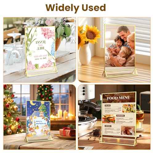 Acrylic Sign Holder 8.5X11 Gold Frames Double-Sided Gold Picture Frames for Menu Holder Wedding Table Numbers Display Stand with Removable Sticky Dots -6 Pack