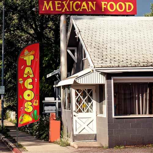 4 Pcs Mexican Food Tacos Feather Flag 7. 9 ft x 23. 6 Inch Mexican Restaurants Advertising Banner Sign for Burritos Tamales and Welcome Advertising Flags Businesses Markets Outside