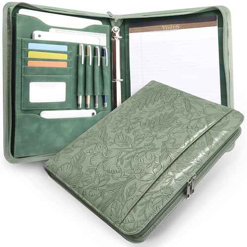 Green Embossed Faux Leather Zippered Padfolio with 3 Ring Binder, Executive Organizer Binder for Women, Fits 13.9" Laptop/Tablet, Refillable Writing Pad