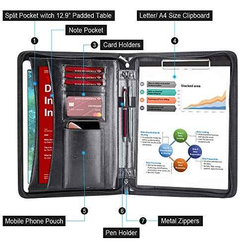 Darolin Zippered Leather Padfolio Portfolio with Hidden Handle and Clipboard, Business Conference Organizer Notepad Folder, Portfolio Bag, Padfolio for Women/Men (Black)