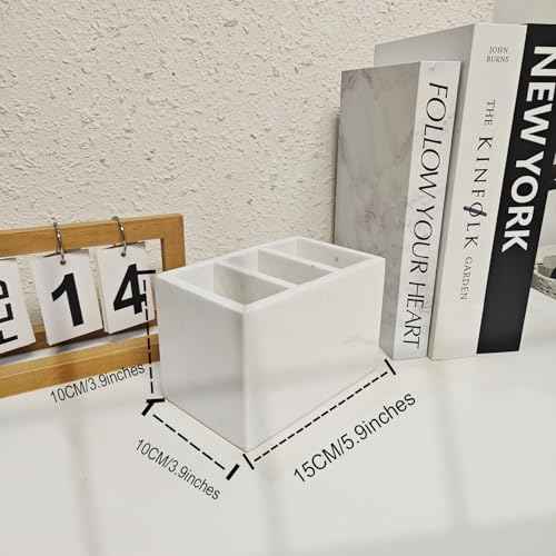 Marble Pen Holder, White Stone, Rectangular Desktop Organizer for Office Study (white 3 layer)