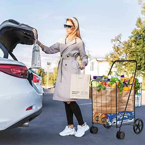Byroce Folding Shopping Cart, Jumbo Grocery Cart on Wheels w/Double Basket, Portable Handle & Rolling Swivel Wheels, Heavy Duty Utility Cart for Groceries Laundry Book Travel Luggage (Black)