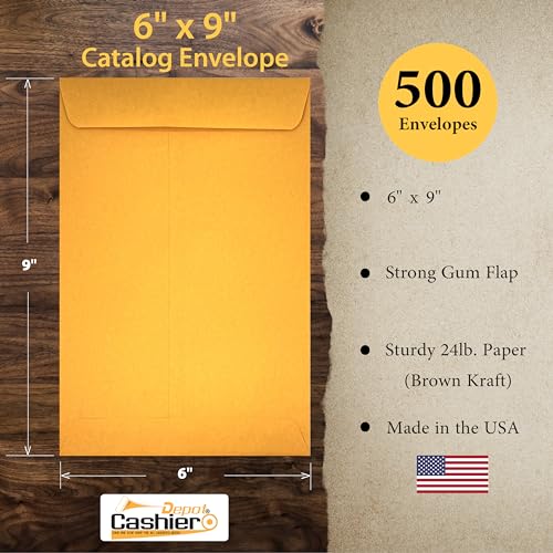 500 Bulk 6x9 Catalog Envelopes with Gummed Flap - Brown Kraft Paper, Open End