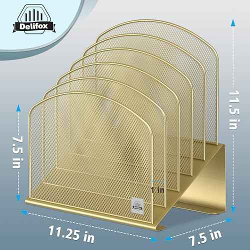 Inclined Desk File Organizer, 5-Section Vertical File Folder Holder Stand Metal Rack File Sorter for Office Classroom Desktop Organization (Gold, 1Pack)