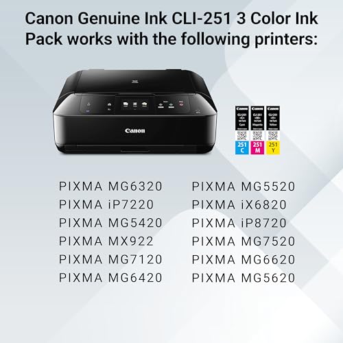 Canon CLI-251 Genuine Three Color Multi Pack, Compatible with MG6320, iP7220 & MG5420, MX922, MG7120, MG6420, MG5520, iX6820, iP8720, MG7520, MG6620, and MG5620 (Optional) Printers