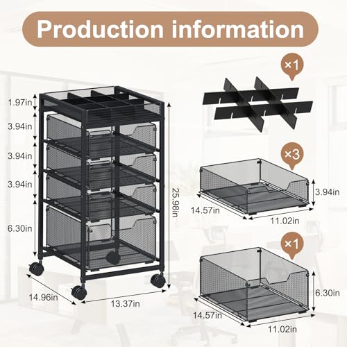 Hayexiha Rolling Utility Cart with 4 Drawers - Black, Lockable Wheels & Adjustable DIY Dividers