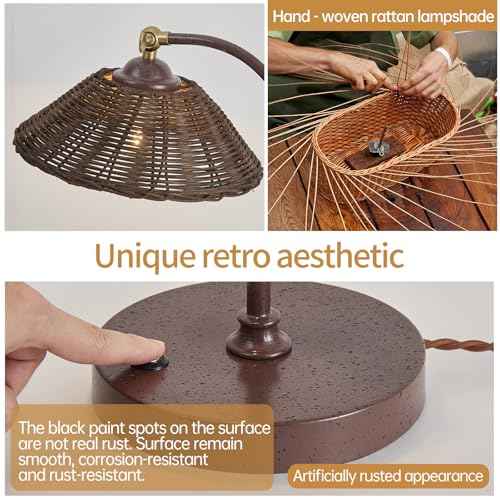 Woven Rattan Bedside Table Lamp for Bedroom, Boho Plug in Handmade Rattan Shade & Anti-Rust Iron Base Desk Lamp, Plug & Play Vintage Dark Brown Nightstand Lamp for Living Room, Office ¡¼Bulb Included¡½
