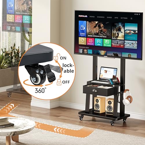 Aokitsink Mobile TV Stand with Drawer, 23-75" TV Cart Black, Heavy Duty, 2-Tier Shelves, 600x400mm VESA, Height Adjustable