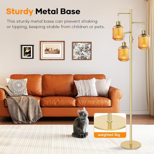 Gold Floor Lamp for Living Room, Modern Mid Century Standing Lamp with Amber Glass Shade, Dimmable Tall Tree Lamp with 3¡¿6W LED Bulbs, Tall Lamp for Bedroom Office