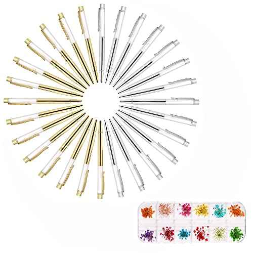28 Pack Colorful Empty Tube Floating DIY Pens, with 12 Kinds of Dried Flowers Building Your Favorite Liquid Sand Gift Sliver Gold