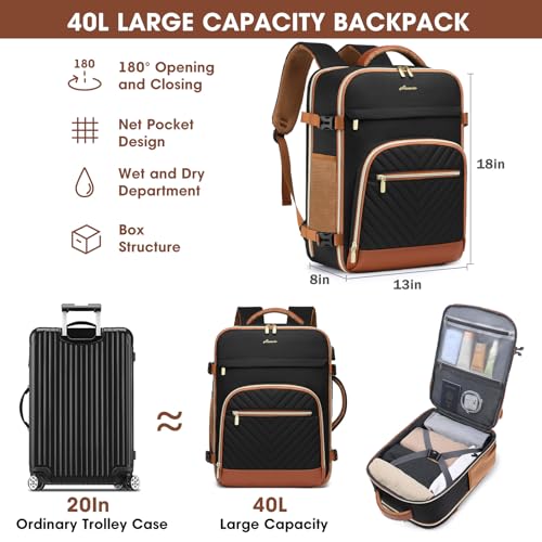 Large Carry On Travel Backpack: Flight Approved 40L Waterproof Personal Item Daypack for Women Weekender Bag fit 17inch Laptop Luggage Backpack Traveling Business with USB Port and 3 Packing Cubes