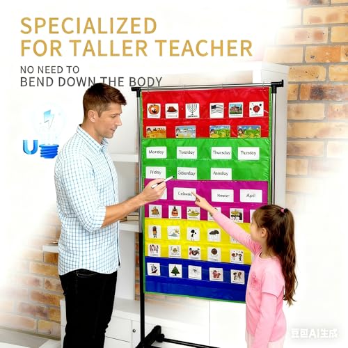 Anchor Chart Storage Rack with Casters Rolling Anchor Chart Holder for Classroom Home Educational Tools(Chart Stand with Anchor Chart In Black) (Black+4hooks+3hangers) (Rainbow)