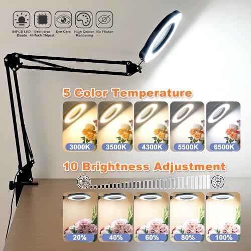 15X Magnifying Glass with Light and Clamp, Lighted Magnifying Glass Desk Lamp LED Magnifier Lamp with Light and Clamp 5 Color Mode 10 Brightness Dimmable Magnifier Lamp for Reading Close Work Craft