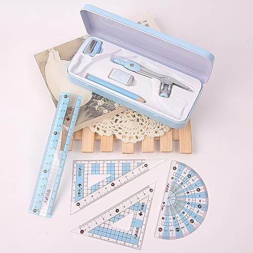 8-Piece Student Geometry Set with Shatterproof Iron Box - Ruler, Protractor, Compass, Eraser, Sharpener